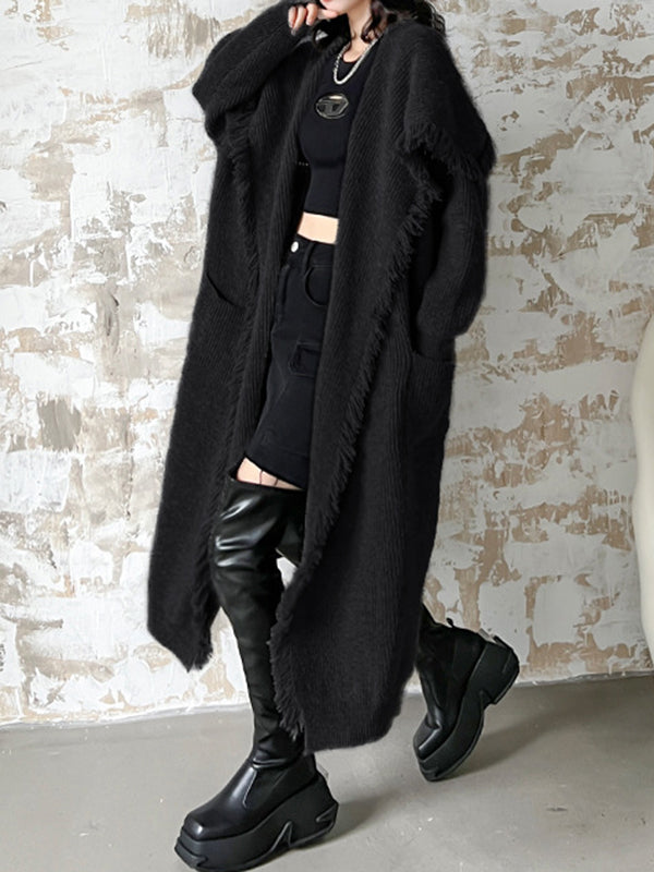 Fringed Pockets Solid Color Long Sleeves Loose V-Neck Cardigan Coats