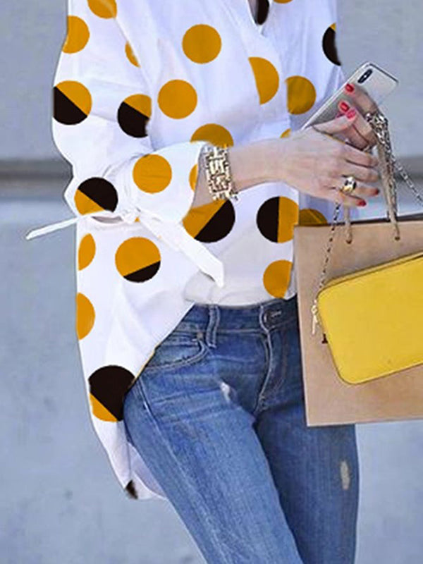 Contrast Color Polka Dot Printed Long Sleeves Loose Lapel Blouses