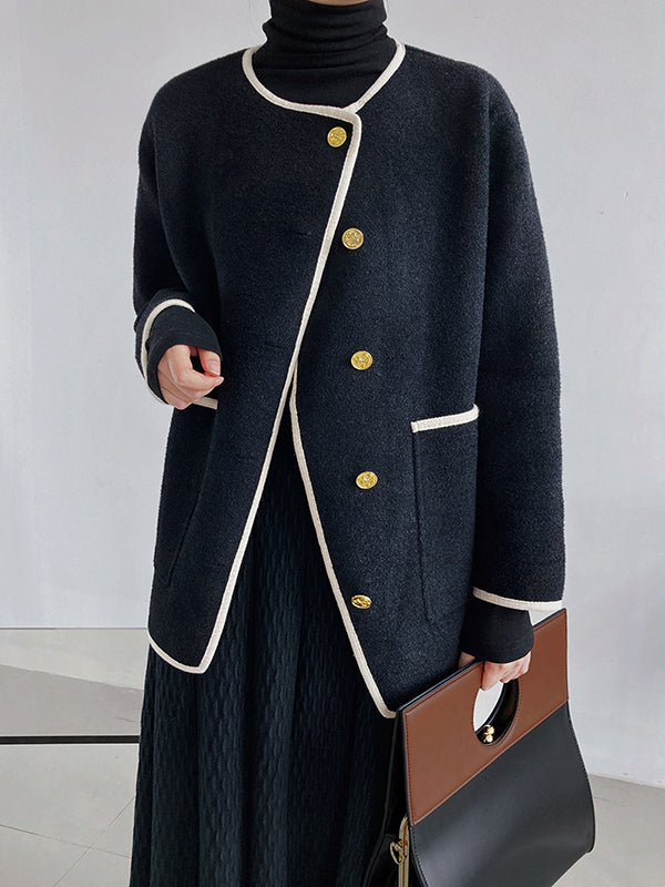 Asymmetric Buttoned Pockets Split-Joint Long Sleeves Loose Round-Neck Woolen Coat