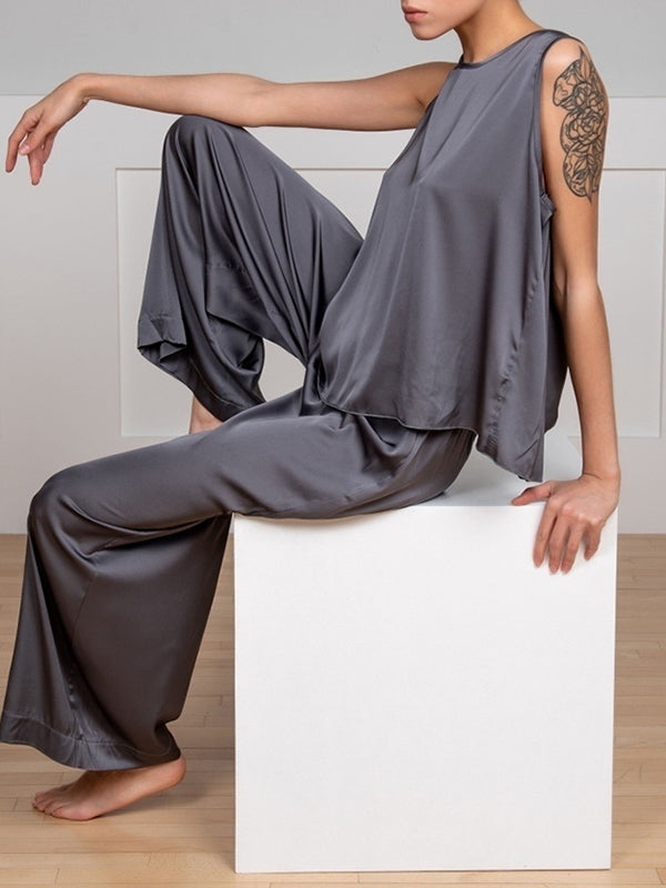 Round-Neck Loose Sleeveless Solid Color Split-Back Vest Top + Elasticity Pants Bottom Pajama Sets
