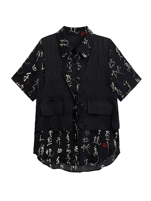 Lace-Up Printed Split-Joint Tiered False Two High-low Lapel Blouses&shirts Tops