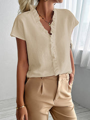 Ruffle Trim Solid Color Loose Short Sleeves V-Neck Blouses&Shirts Tops