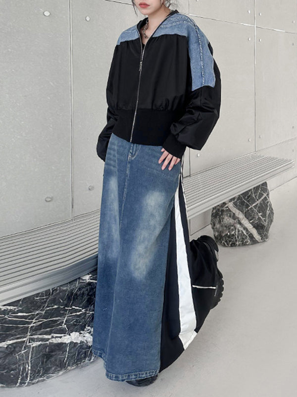 Pleated Split-Joint Zipper Long Sleeves Loose V-neck Outerwear Jackets
