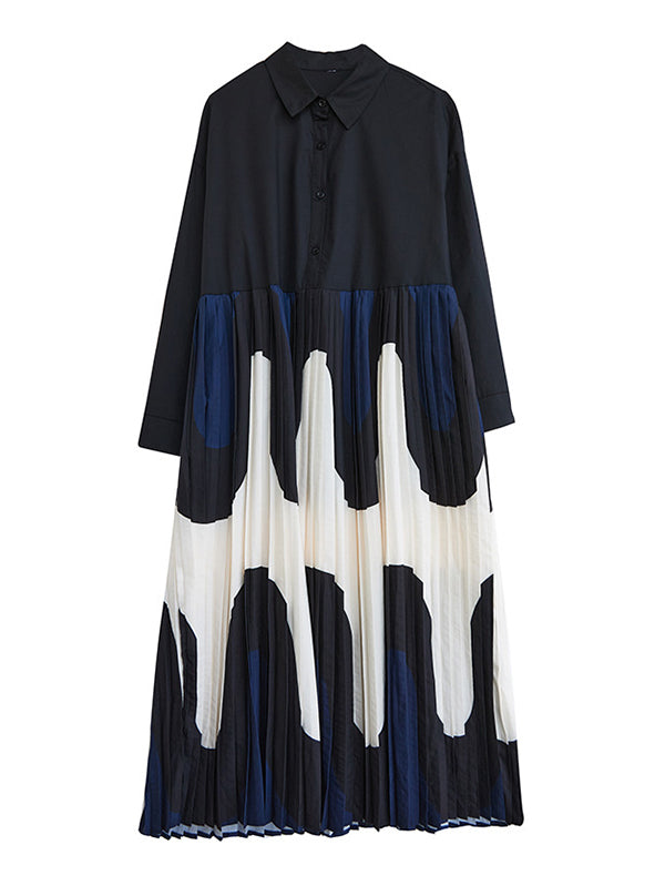 Contrast Color Pleated Printing Split-Joint A-Line Long Sleeves Polo Midi Dresses