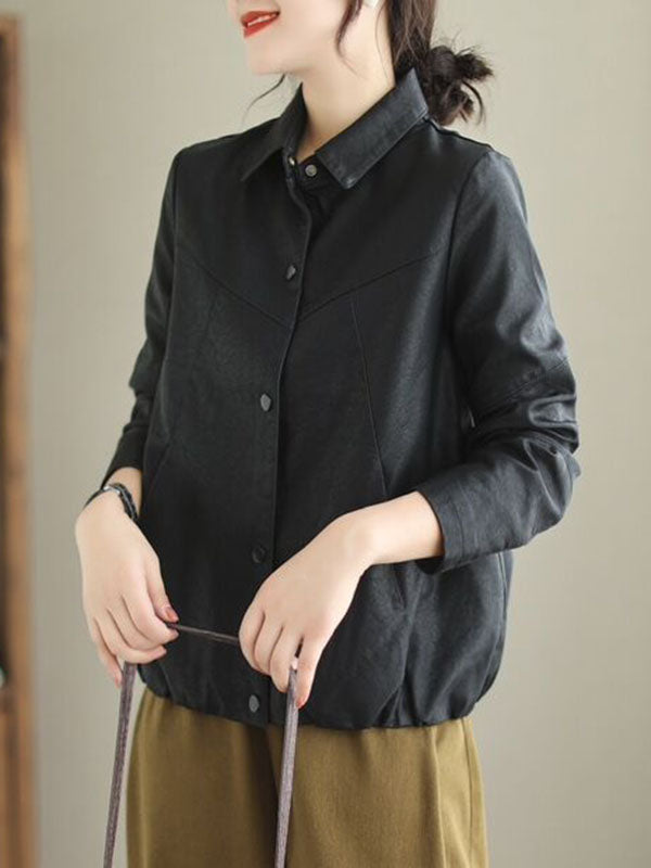 Buttoned Elasticity Pockets Solid Color Long Sleeves Loose Lapel Outerwear Jackets