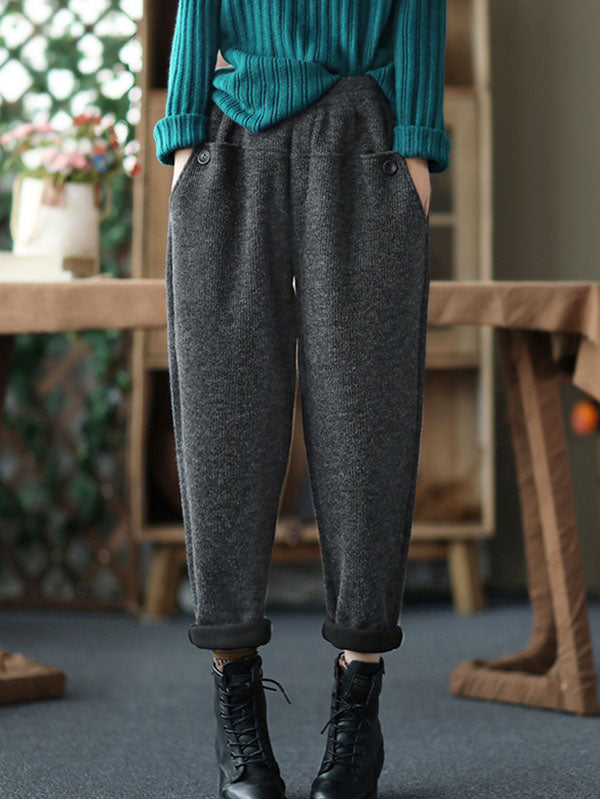 Vintage Black&Gray Thicken Velvet Elasticity Casual Pants