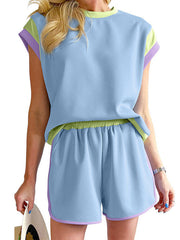 Contrast Color Elasticity Loose Short Sleeves Round-Neck T-shirt + Shorts Two Pieces Set