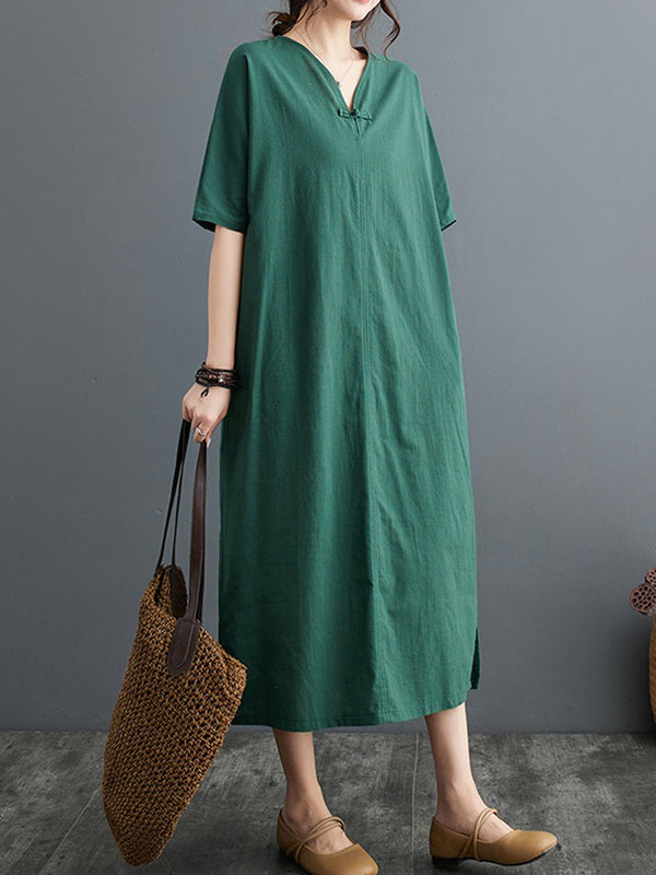 Chinese Frog Buttons Pockets Solid Color Split-Side A-Line Loose V-Neck Midi Dresses