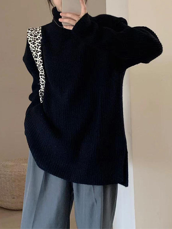 Solid Color Split-Joint Split-Side Long Sleeves Loose High Neck Sweater