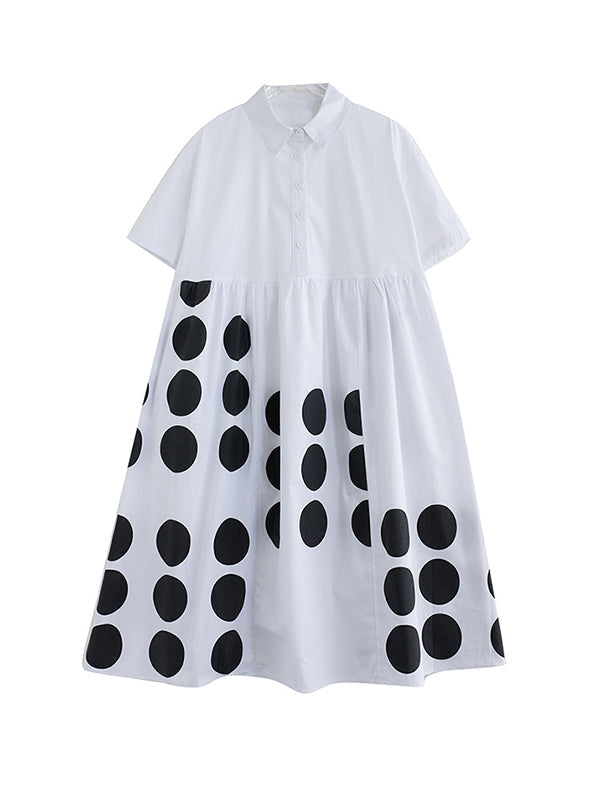 Buttoned Pockets Polka Dot Printed A-line Loose Lapel Midi Dresses