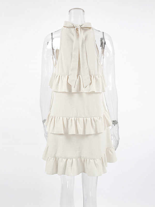 Ruffle Trim Solid Color Tied Zipper A-line Loose Spaghetti-Neck Mini Dresses