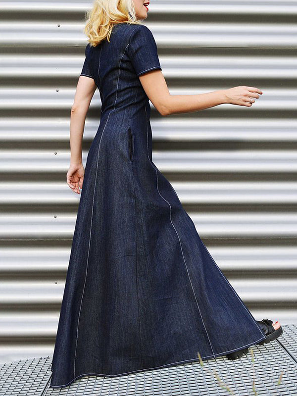 Pockets Split-front Split-Joint Zipper A-line Loose Round-neck Maxi Dresses