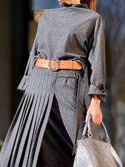 Solid Color Loose Top +  Asymmetric Pleated Split-Joint  Skirt Two Pieces Set