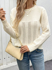 Hollow Solid Color Long Sleeves Loose Round-Neck Sweater Tops Pullovers