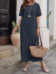 Pockets Solid Color Split-front High Waisted Loose Round-neck Midi Dresses