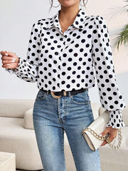 Buttoned Elasticity Polka-Dot Split-Joint Long Sleeves Loose Lapel Blouses&Shirts Tops