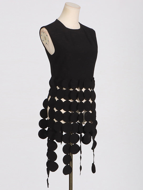 Polka-Dot Solid Color Split-Joint Tasseled Sleeveless Round-Neck Vest Top