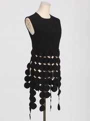 Polka-Dot Solid Color Split-Joint Tasseled Sleeveless Round-Neck Vest Top