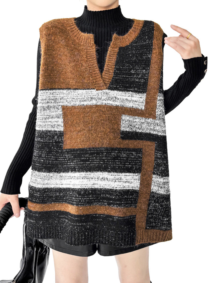 Contrast Color Geometric Split-Joint Striped Loose Sleeveless V-Neck Vest Top Outerwear