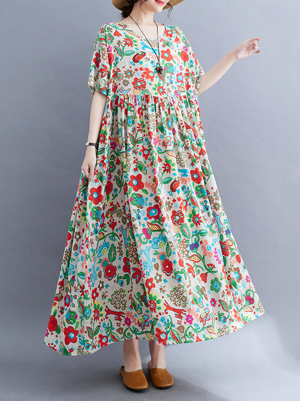 Pleated Printed Split-Joint Loose Short Sleeves Round-Neck Midi Dresses