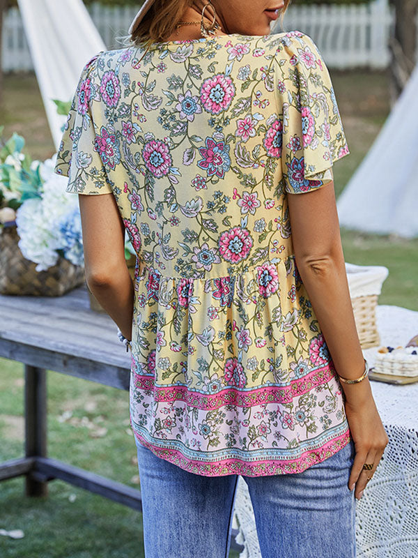 Buttoned Flower Print Split-Joint Tasseled Tied Loose Short Sleeves V-Neck T-Shirts Tops