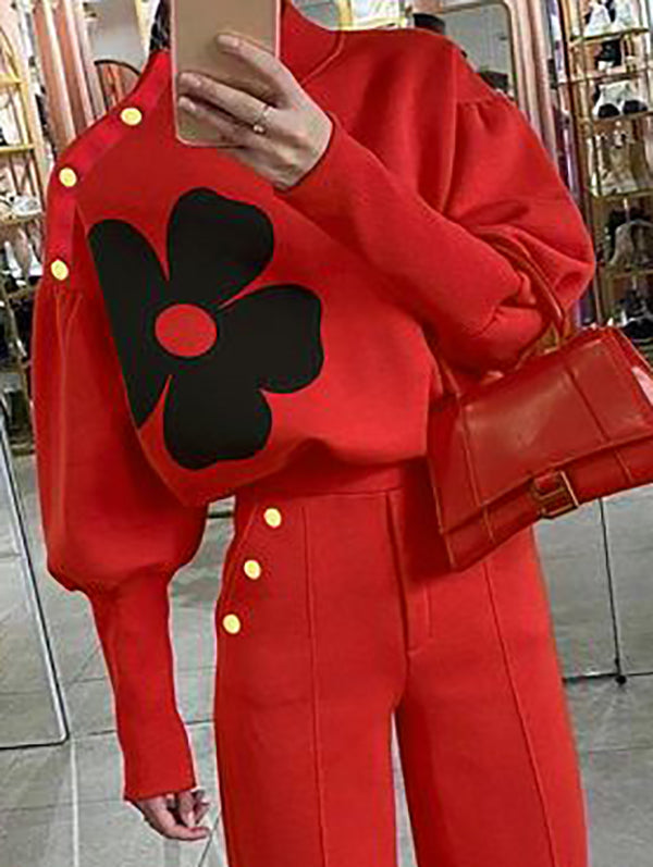 Buttoned Flower Print Split-Joint Long Sleeves Loose High Neck Sweatshirt Tops