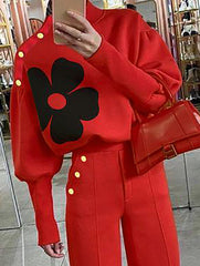 Buttoned Flower Print Split-Joint Long Sleeves Loose High Neck Sweatshirt Tops
