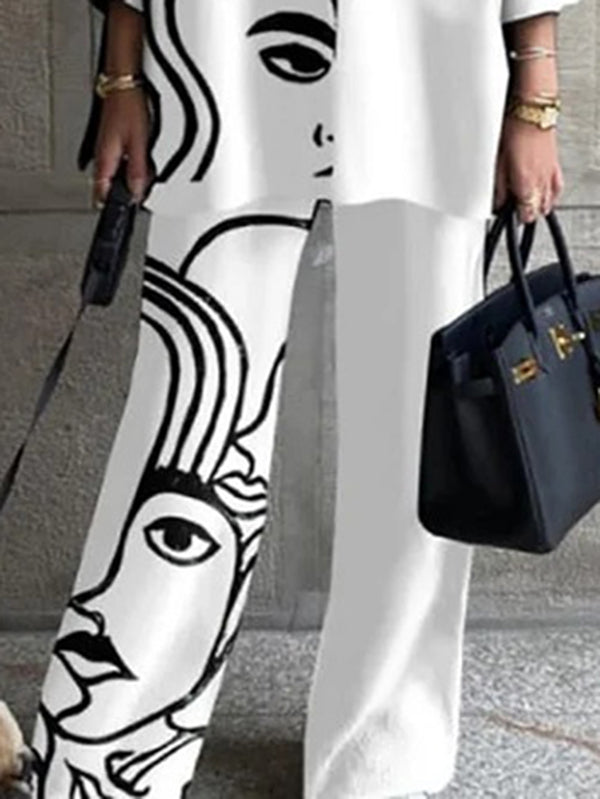 Loose Figure Printed Split-Joint Stand Collar T-Shirt + Pants Trousers Two Pieces Set