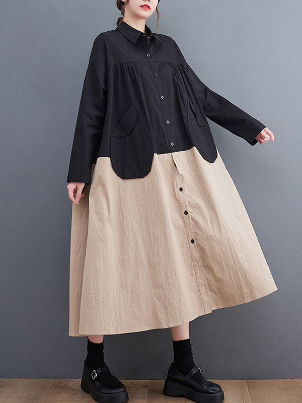 Original Loose Long Sleeves Buttoned Contrast Color Lapel Collar Midi Dresses