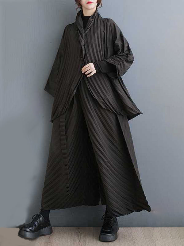Stand Collar Long Sleeves Loose Buttoned Pleated Solid Color Shirts Top + Pants Bottom Two Pieces Set