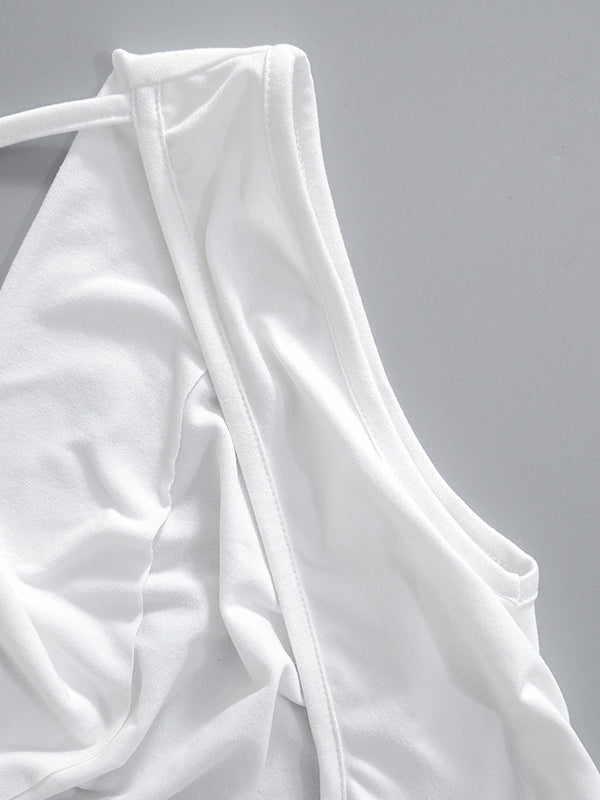 Backless Lace-Up See-Through Solid Color Split-Joint Loose Skinny Off-The-Shoulder T-Shirts Tops