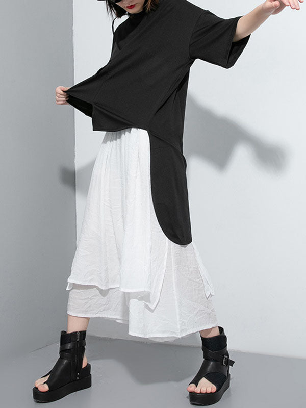 Elasticity Solid Color Split-Joint Loose Wide Leg Ninth Pants