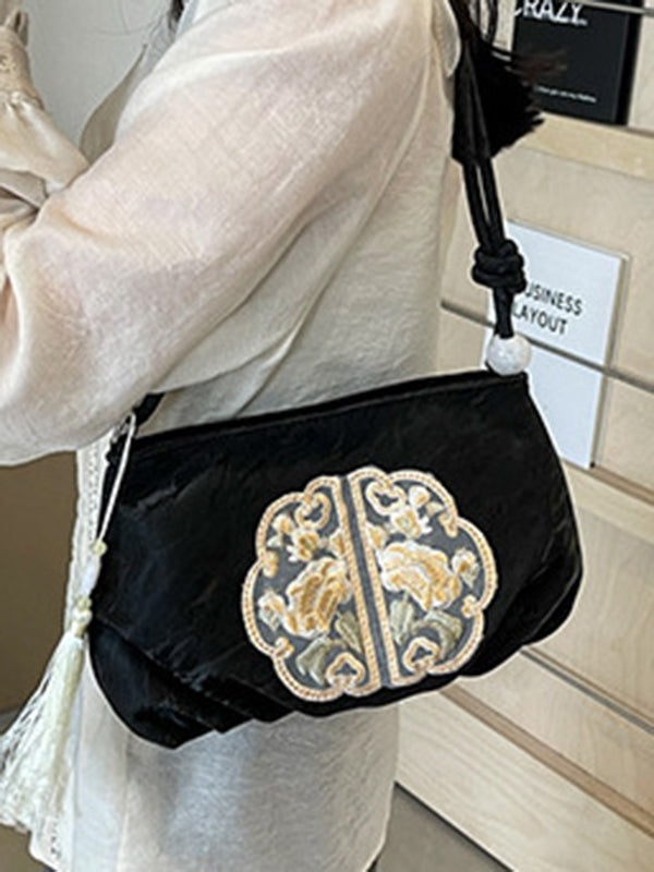 Embroidered Pleated Tasseled Zipper Crossbody Bags