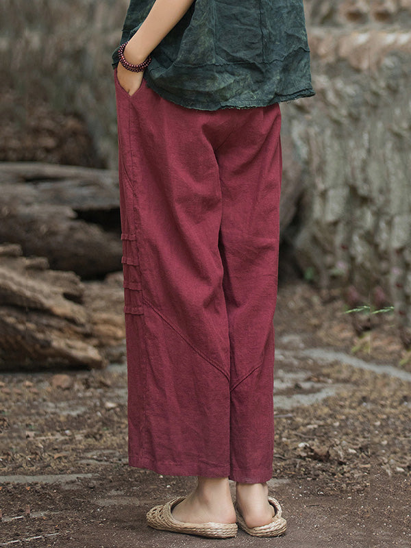 Pleated Solid Color Split-Joint High Waisted Loose Trousers Ninth Pants