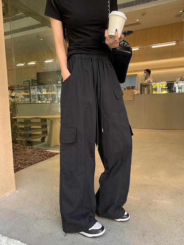 Drawstring Elasticity Pockets Solid Color Split-Joint High Waisted Loose Trousers Pants