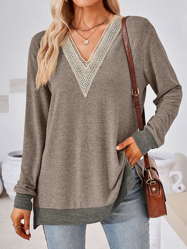 Hollow Split-Joint Split-Side Long Sleeves Loose V-Neck T-Shirts Tops