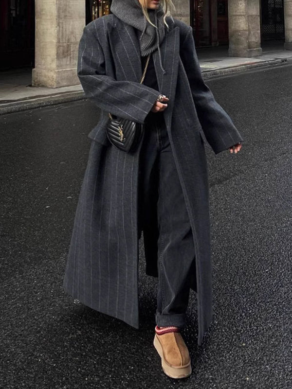 Split-Joint Striped Long Sleeves Loose Lapel Woolen Coat Trench Coats