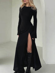 Asymmetric Solid Color Split-Joint Split-Side Long Sleeves Loose Round-Neck Maxi Dresses
