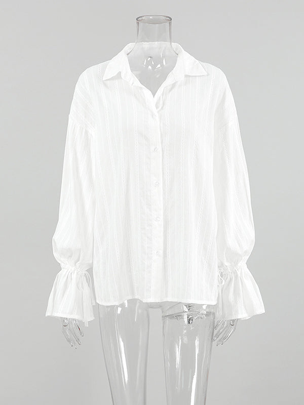 Drawstring See-Through Solid Color Split-Joint Loose Puff Sleeves Lapel Blouses&Shirts Tops