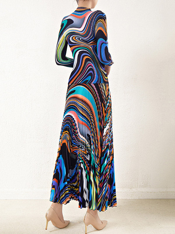 Pleated Long Sleeves Contrast Color Mock Neck T-Shirt Top + Printed A-Line Skirts Bottom Two Pieces Set