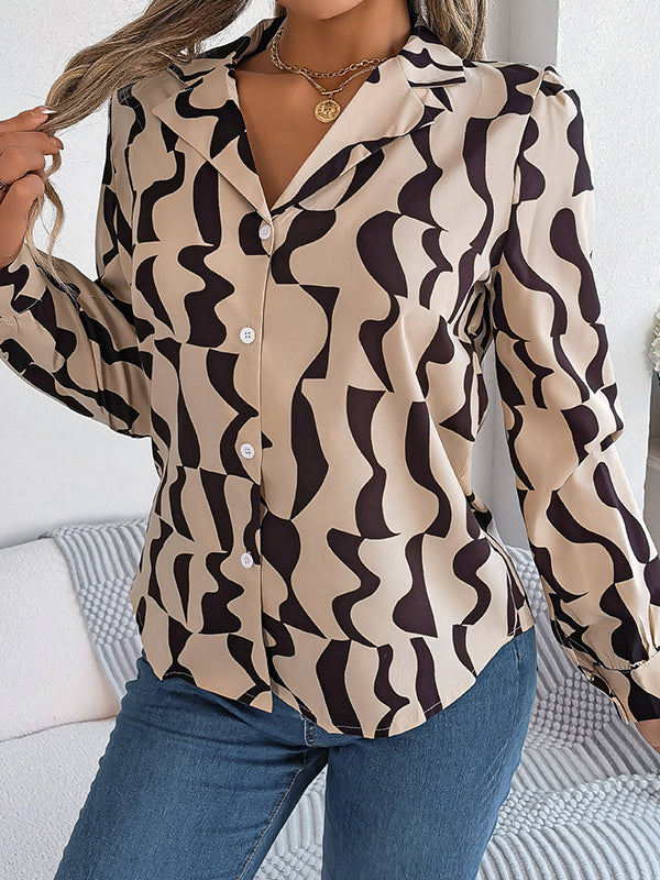 Buttoned Contrast Color Long Sleeves Notched Collar Blouses&Shirts Tops