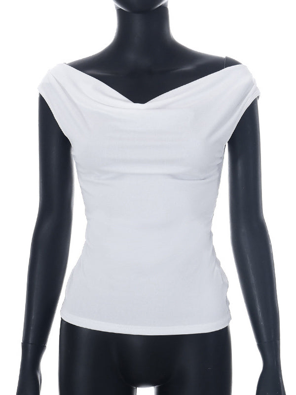 Backless Solid Color Split-Joint Tied Skinny Sleeveless Off-The-Shoulder T-Shirts Tops