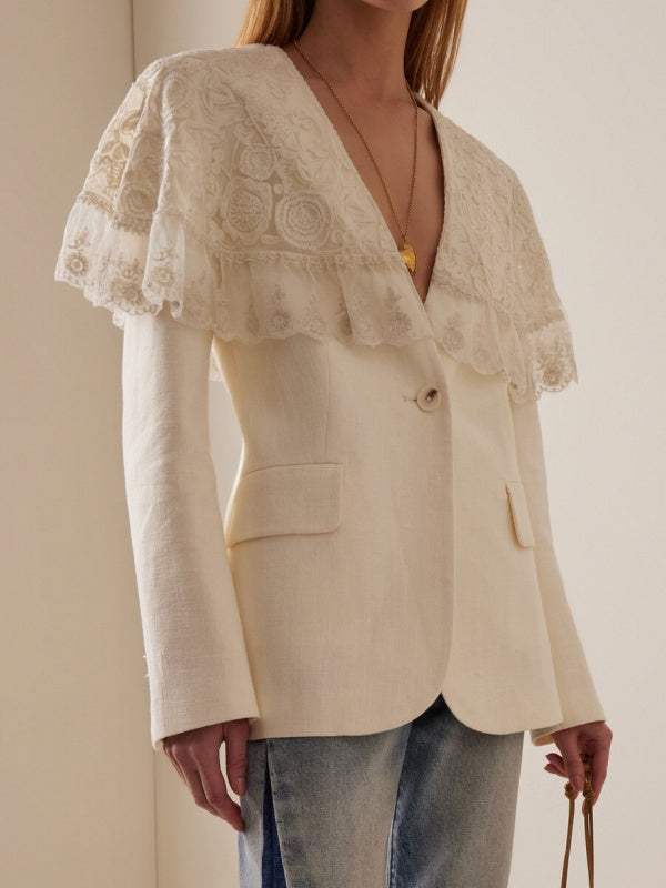 Buttoned Embroidered Mesh Pockets Split-Joint Long Sleeves Deep V-Neck Outerwear Blazer