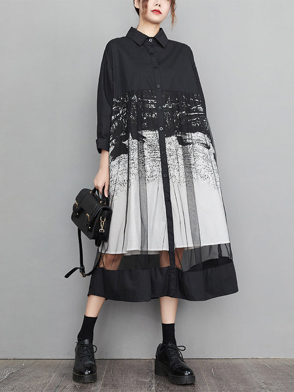 Buttoned Gauze Printed Split-Joint A-Line Long Sleeves Lapel Midi Dresses