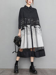 Buttoned Gauze Printed Split-Joint A-Line Long Sleeves Lapel Midi Dresses