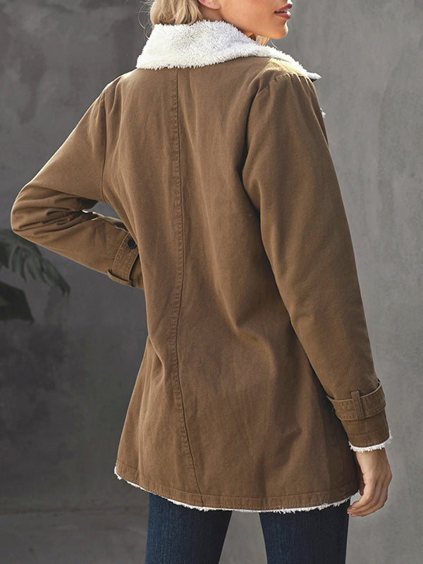 Buttoned Pockets Velvet Long Sleeves Loose Notched Collar Outerwear