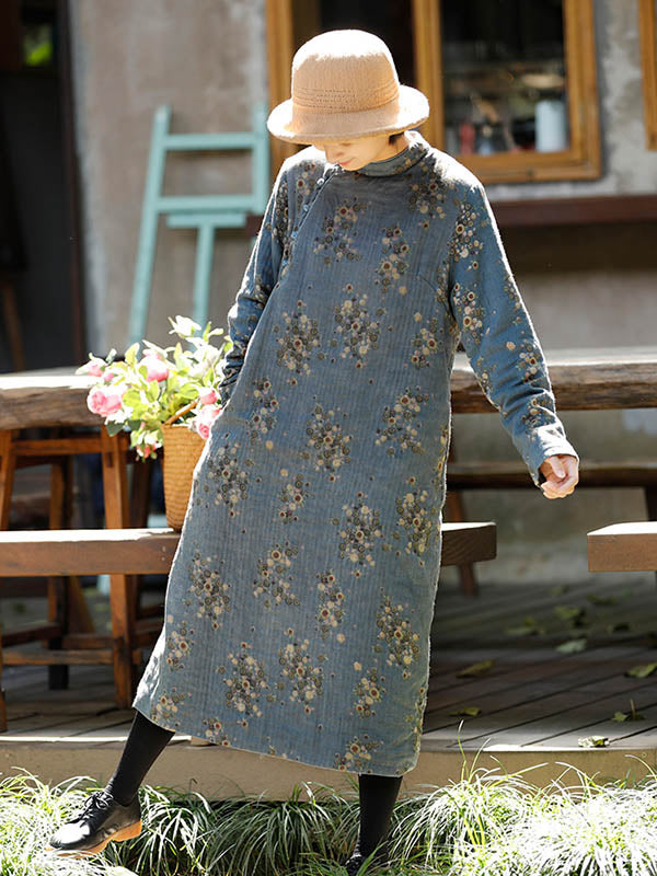 Vintage Loose Printed Keep Warm Velvet Midi Dress Long Cheongsam