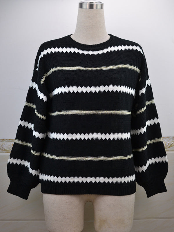 Striped Long Sleeves Loose Round-Neck Sweater Tops Pullovers Knitwear