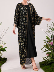 Muslim High Waisted Round-Neck Inner Dress + Gauze Batwing Sleeves Flower Print Outerwear Two Pieces Set