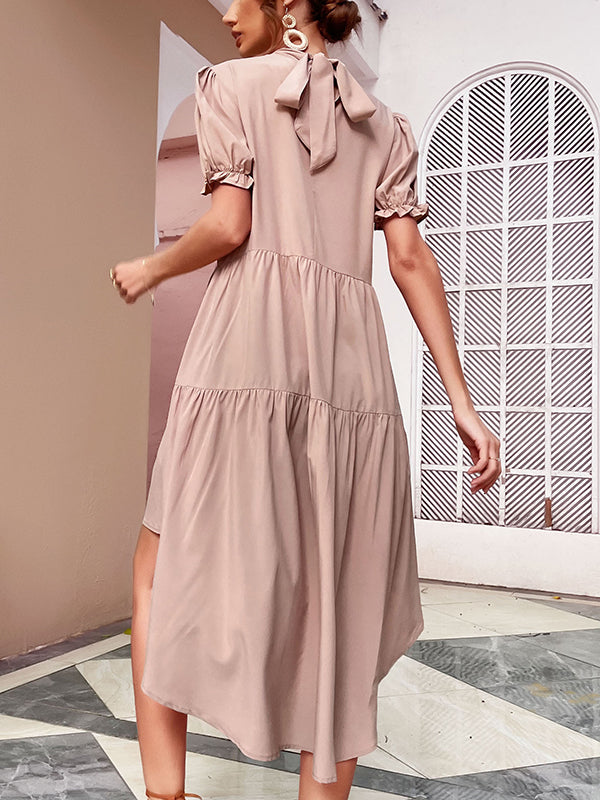 Casual Short Sleeves Irregularity Falbala Solid Color High-Neck Midi Dresses